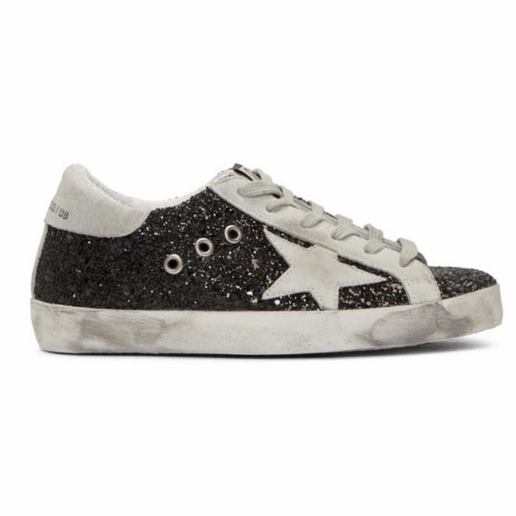 Golden Goose Super-Star In Black Glitter With Cream Star And Suede Inserts 40